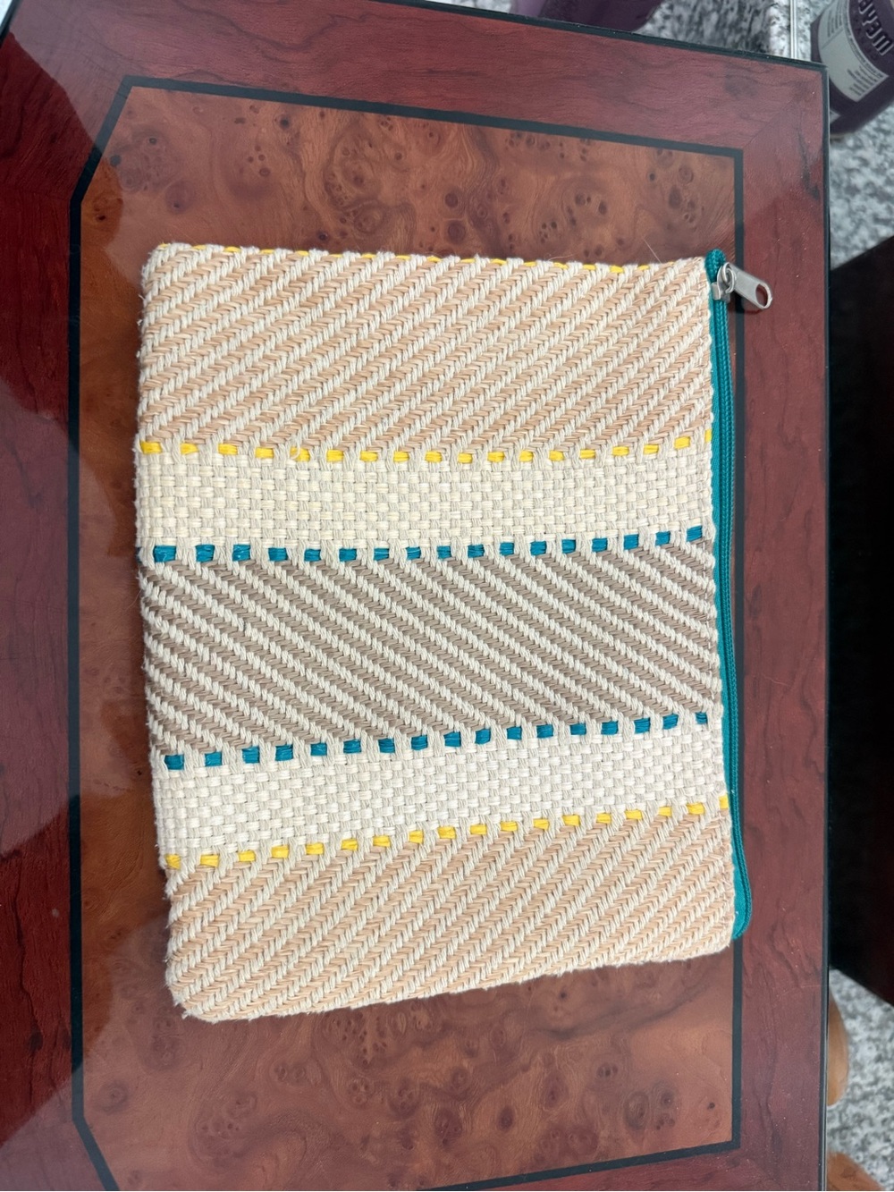 Handwoven Beige and Teal Zip Pouch⭐️🌊